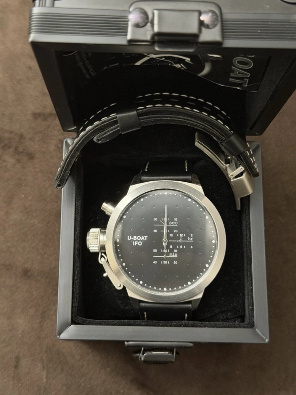 U-BOAT IFO Men's Quartz Chronograph Watch Black Dial Silver Case Leather Strap